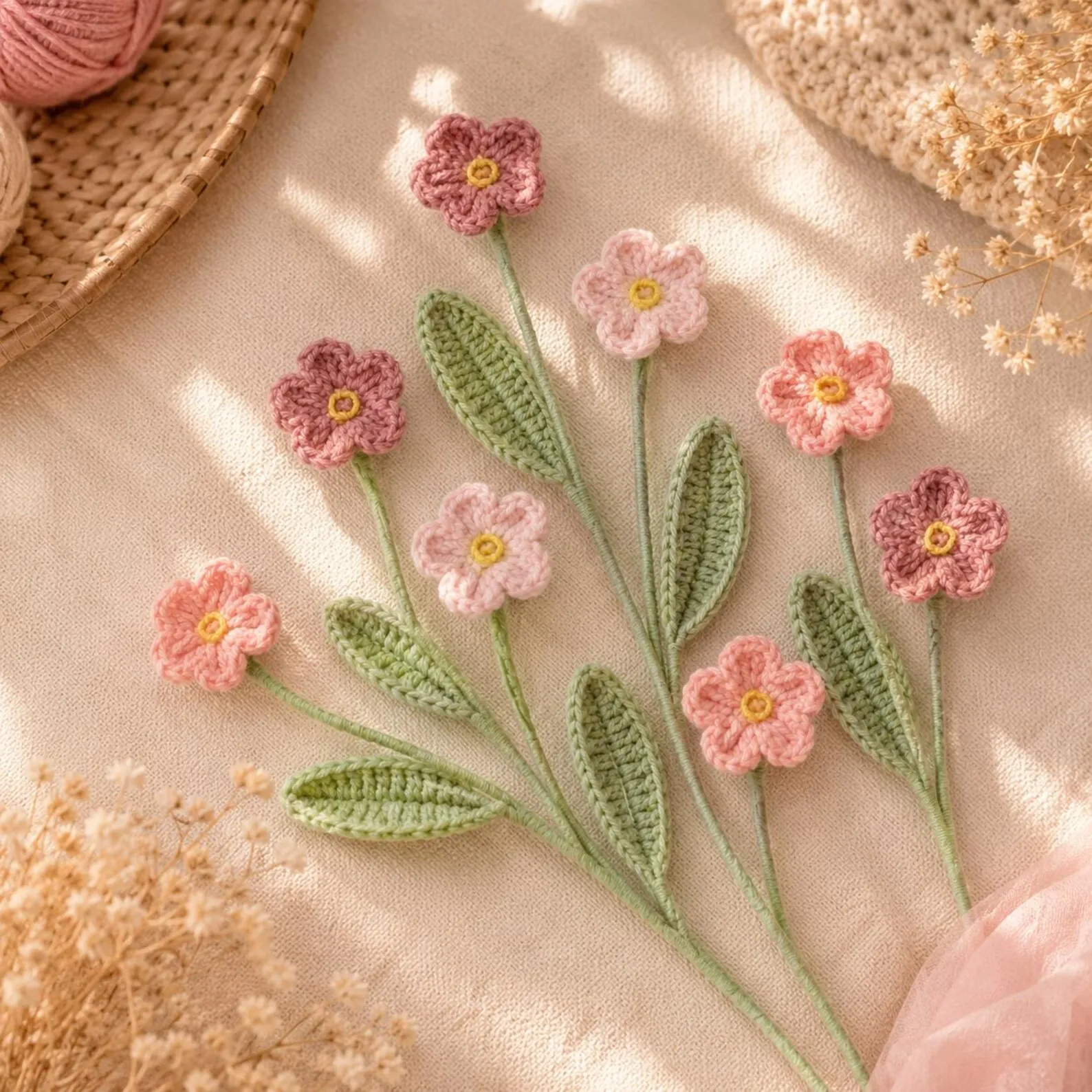 Crocheted forget-me-not mini bouquet in pink tones with green leaves