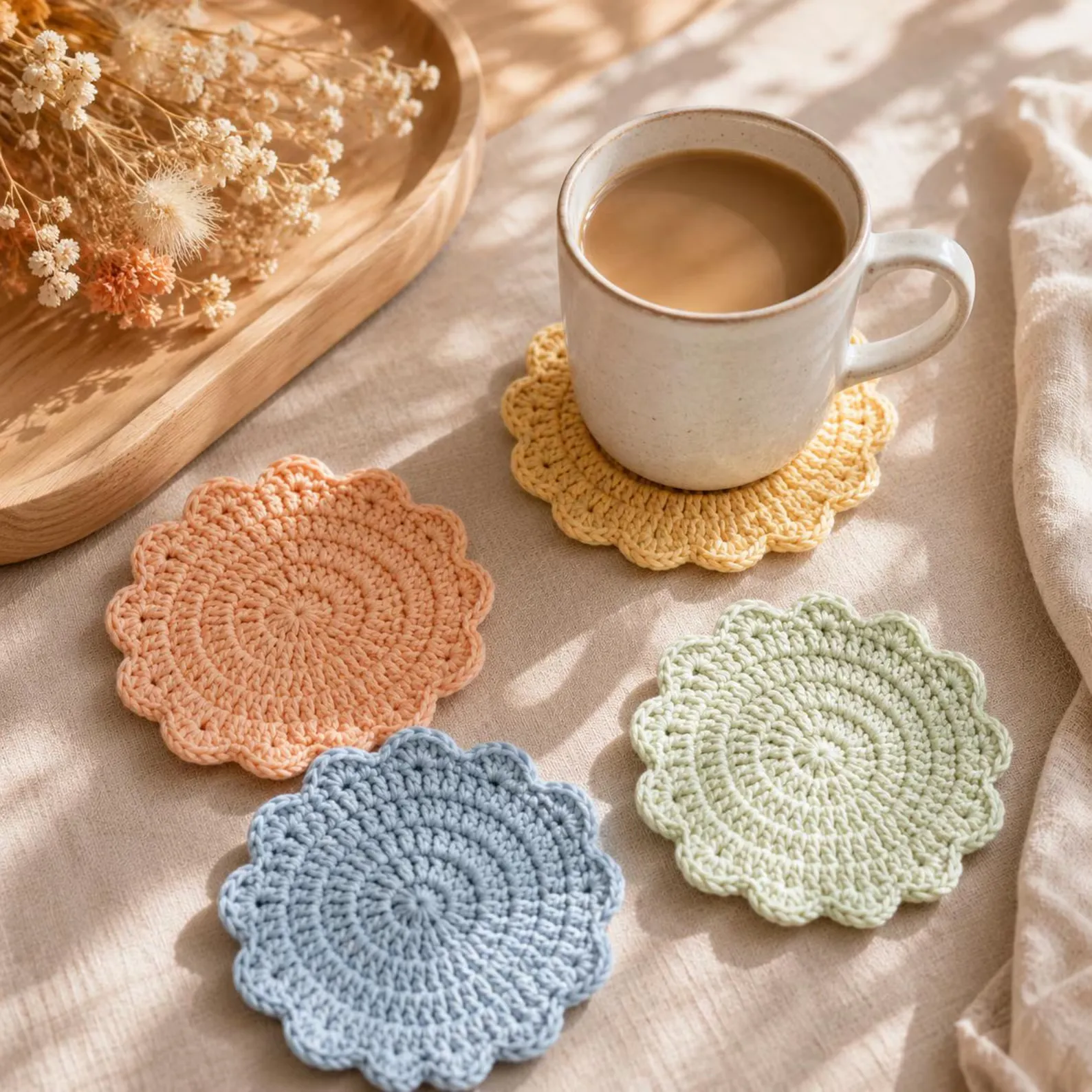 Crocheted flower coasters in peach, blue, green, and yellow with a mug of coffee