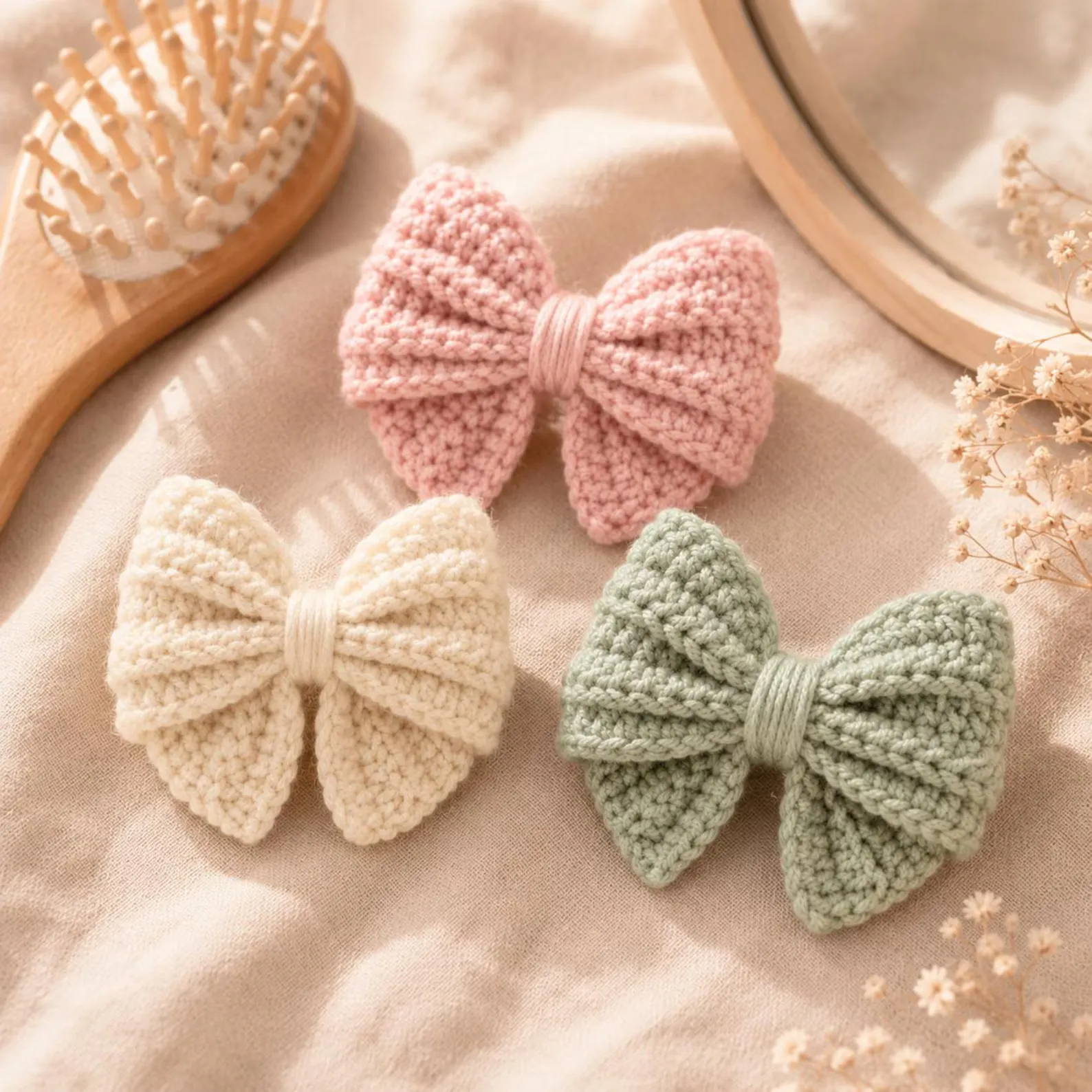 Three crocheted bow hairclips in pink, cream, and sage green