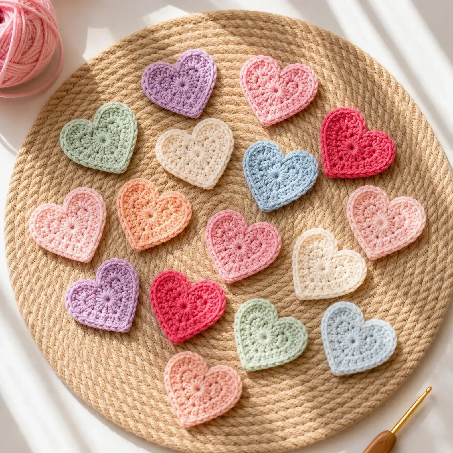 Many small crocheted hearts in pastel colors arranged on a round mat